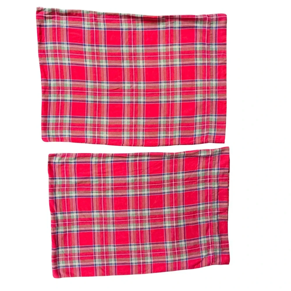 Pottery Barn Kids Plaid Pillowcases Set of 2 Red Green Flannel Made in Portugal